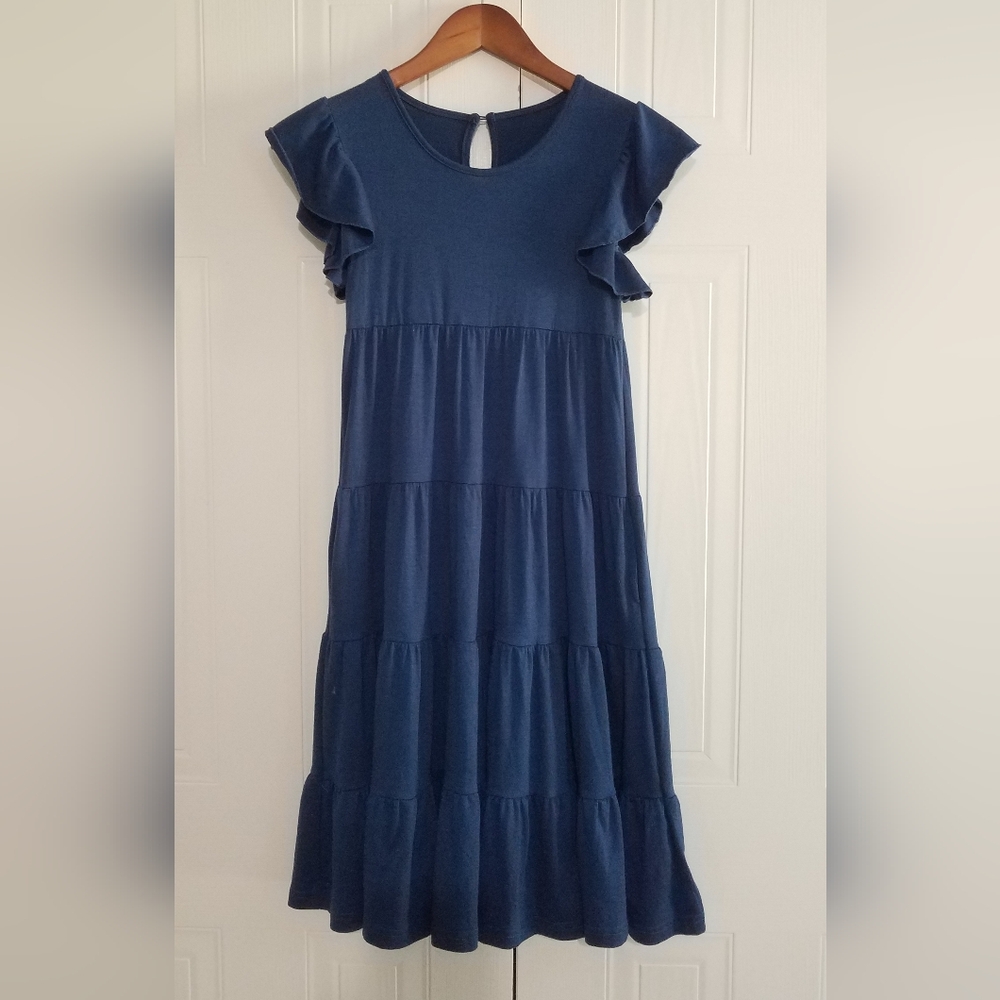 Blue Tiered Ruffle Sleeve Dress